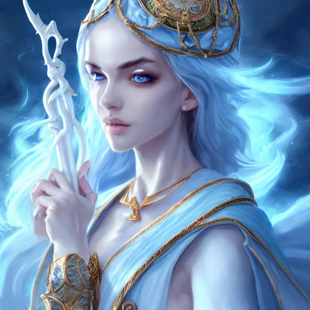 Image similar to beautiful elemental sky witch with ornate white and blue robes and staff, highly detailed, 4 k, hdr, smooth, sharp focus, high resolution, award - winning photo, artgerm, photorealistic