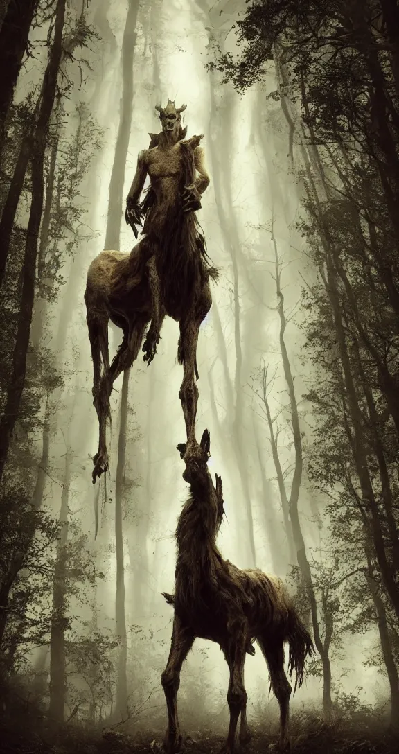 Image similar to a cinema still of a tall, bony humanoid creature with the head and hooves of a horse and disproportionately long limbs with dark gloomy forest in the background shot by guilliermo del toro, horror, dark, natural, hyper detailed, digital art, trending in artstation, cinematic lighting, studio quality,