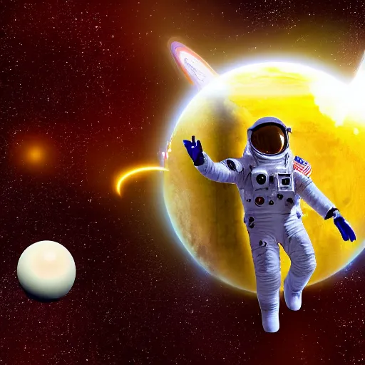 Image similar to astronaut in space, galactic background reflections on suit on one side and a yellow planet on the other side