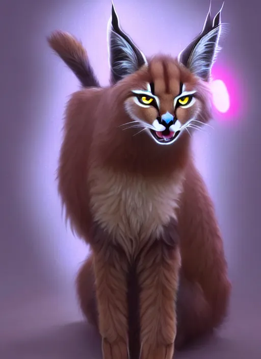 Prompt: cute fluffy caracal sitting politely, facing the camera, anime art style, wearing futuristic, led - lit armor, and a cannon mounted on his back, portrait, high detail, sharp focus, digital painting, artstation, concept art, art by hayao miyazaki and artgerm and greg rutkowski and alphonse mucha.