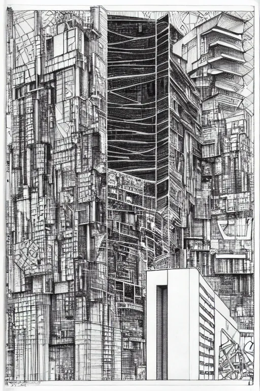 Image similar to a black and white drawing of a science fiction building, cityscape, a detailed mixed media collage by hiroki tsukuda and eduardo paolozzi and moebius, intricate linework, sketchbook psychedelic doodle comic drawing, geometric, street art, polycount, deconstructivism, matte drawing, academic art, constructivism