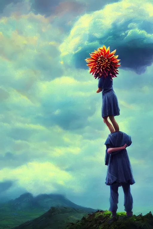 Image similar to closeup giant dahlia flower as head, girl standing on mountain, surreal photography, blue storm clouds, dramatic light, impressionist painting, digital painting, artstation, simon stalenhag