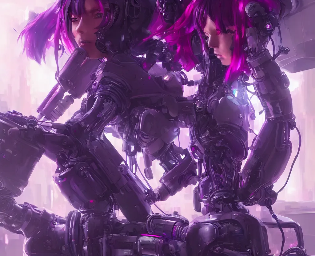 Image similar to A beautiful painting of a cyberpunk anime girl with purple hair and an a huge robot arm sensual stare, Trending on artstation. augmentations and cybernetic enhancements neon circuits, greg rutkowski , hyperrealist, cinema4D, 8k highly detailed ❤️‍🔥 🔥 💀 🤖 🚀