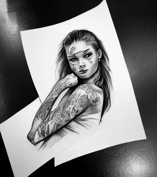 Prompt: tattoo design sketch of a beautiful girl portrait faded in a mountain background, in the style of den yakovlev, black and white, realism tattoo, hyper realistic, highly detailed