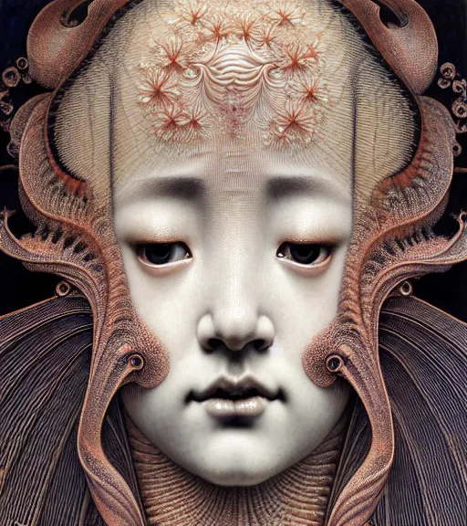 Image similar to detailed realistic beautiful geisha face portrait by jean delville, gustave dore, iris van herpen and marco mazzoni, art forms of nature by ernst haeckel, art nouveau, symbolist, visionary, gothic, neo - gothic, pre - raphaelite, fractal lace, intricate alien botanicals, ai biodiversity, surreality, hyperdetailed ultrasharp octane render