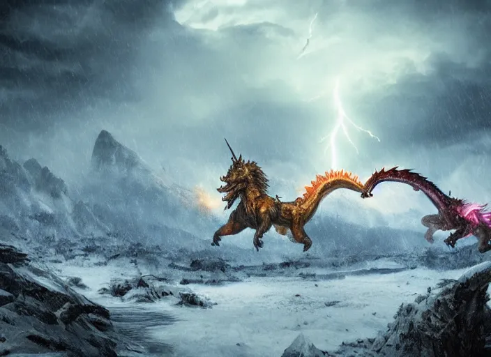 Prompt: unicorn fighting a dragon, beautiful snowy landscape, lightning storm, dramatic lightning, cinematic, establishing shot, extremly high detail, photorealistic, cinematic lighting, epic fight scene, post processed, concept art, artstation, matte painting, style by greg rutkowsky