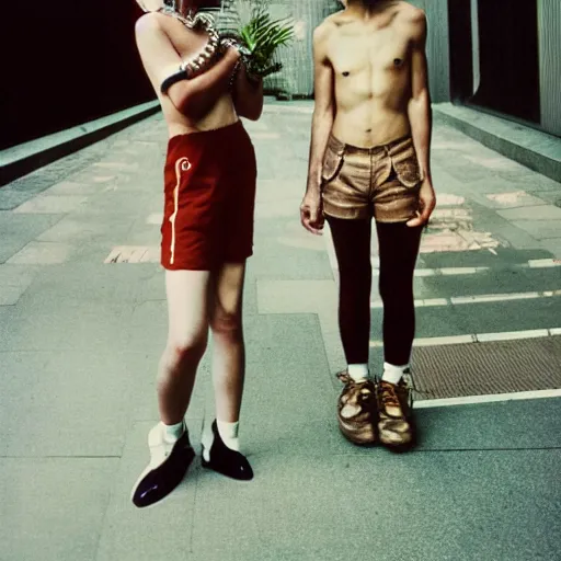 Image similar to realistic photoshoot of friendly minotaurs lookbook in Tokyo 1986, color film photography, portrait of a beautiful monsters in style of Doisneau, 35mm, ektachrome