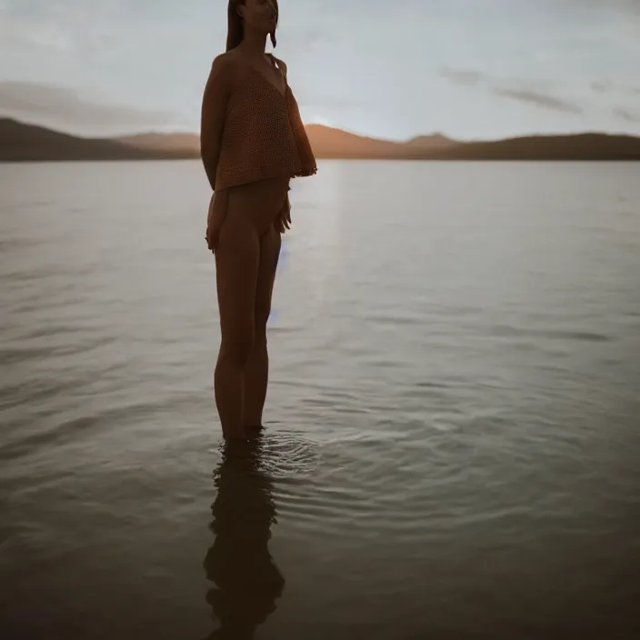 Prompt: a woman, standing in shallow endless water, backlit, wearing amazing clothes, backlit, photo by Marat Safin, Canon EOS R3, f/1.4, ISO 200, 1/160s, 8K, RAW, unedited, symmetrical balance, in-frame