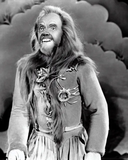 Prompt: George Carlin as The Cowardly Lion in The Wizard of Oz (1939), movie still