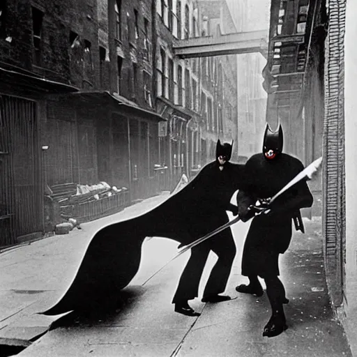 Prompt: old black and white photo, 1 9 2 5, depicting batman fighting a bad guy in an alley of new york city, tommy gun, rule of thirds, historical record