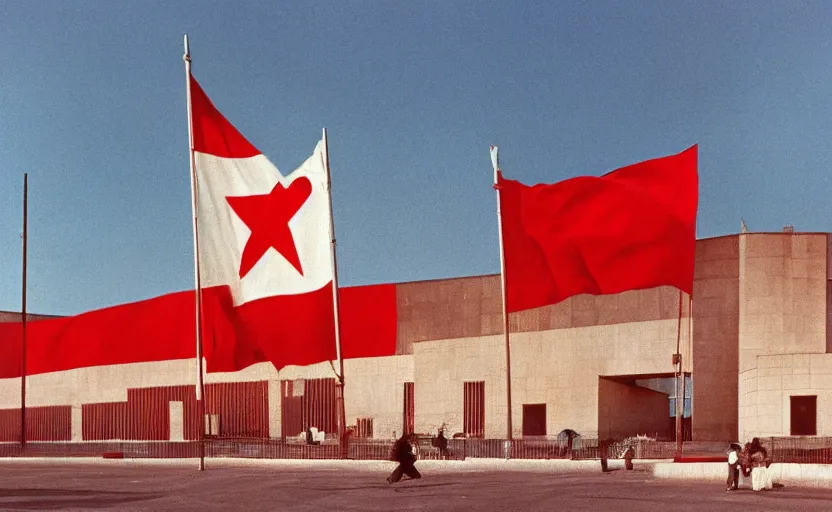 Image similar to 60s movie still of a giant stalinist style sovietic hall with a giant USSR flag, by Irving Penn , cinestill 800t 35mm eastmancolor, heavy grainy picture, very detailed, high quality, 4k, HD criterion, precise texture, panoramic, cinematic