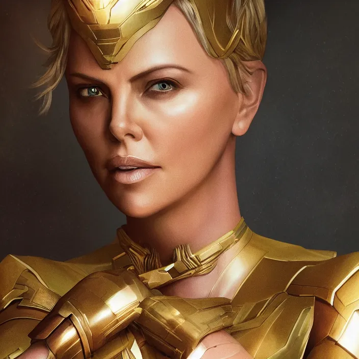 Prompt: portrait of (Charlize Theron), wearing The Infinity Gauntlet!! intricate artwork. octane render, trending on artstation, very coherent symmetrical artwork. thanos. cinematic, hyper realism, high detail, octane render, 8k, iridescent accents