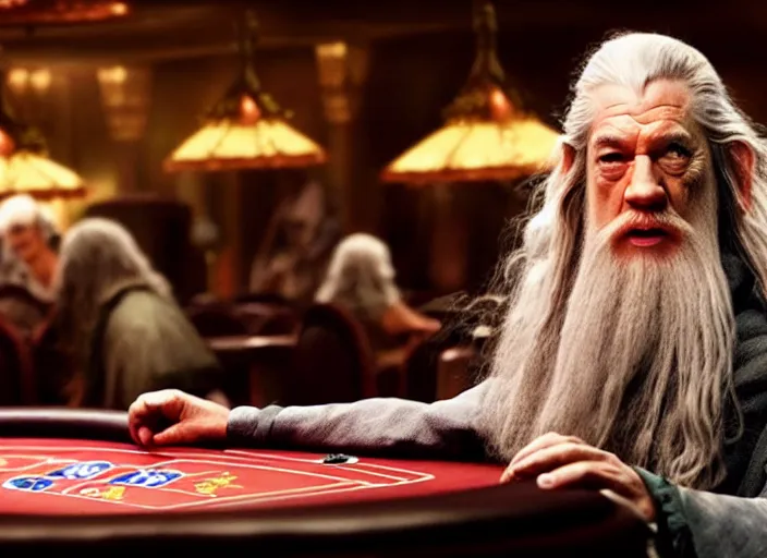 Image similar to film still of gandalf gambling in a casino in new lord of the rings movie, 8 k