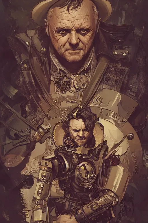 Image similar to anthony hopkins steampunk half - cyborg cowboy, pelt coats, high fantasy, dnd, smooth, sharp focus, illustration, highly detailed, digital painting, artstation, concept art, by rossdraws, alphonse mucha, frank fanzzeta, collectible card art