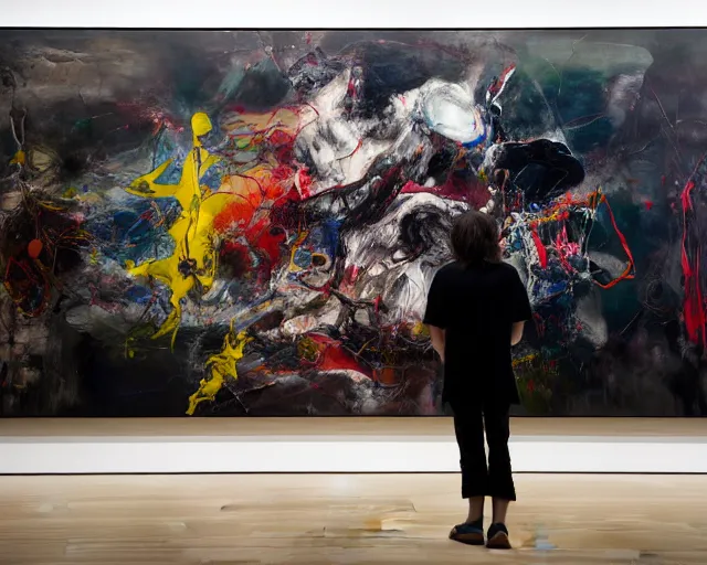 Image similar to otherworldly being standing in gallery of art, a brutalist designed, rich deep vivid colours, broad brush strokes!, painted by francis bacon, michal mraz, adrian ghenie, nicola samori, james jean!!! and petra cortright, part by gerhard richter, part by takato yamamoto. 8 k masterpiece.