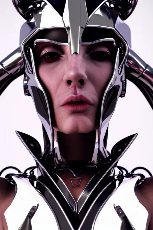 Image similar to edgy beautiful powerful female glossy futuristic cyborg with curved metal Loki horns and chrome motorcycle parts, full body, dark fantasy, neon bar lights, 3d render, octane, 8k, volumetric lighting, hyper-realistic,, diffuse lighting, intricate, highly detailed, lifelike, photorealistic, digital painting, trending on artstation, smooth, sharp focus