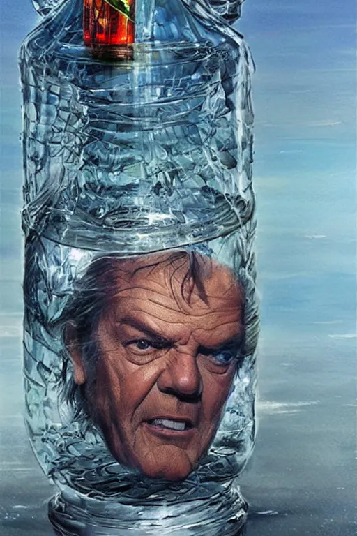 Prompt: a ship in a bottle but instead of a ship it is jack nicholson in the bottle, painting by android jones and artgerm and greg rutkowski