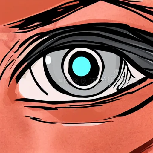 Image similar to man's face with a cyborg eye showing, hyperdetailed, realistic, high - resolution illustration that slightly looks like a comic character