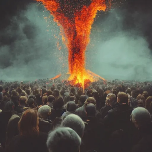 Image similar to a crowd of people standing in front of a fire, a flemish baroque by elsa bleda, unsplash, nuclear art, hellish, dystopian art, volumetric lighting