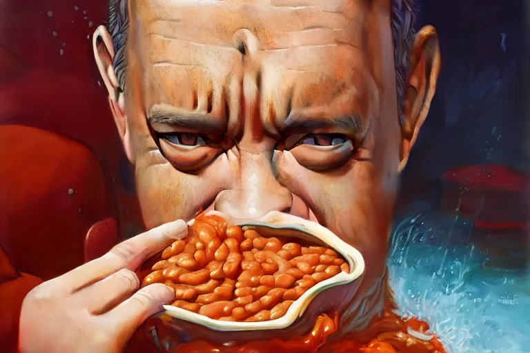 Image similar to portrait of tom hanks swimming in baked beans, a world of baked beans, charlie bowater, artgerm, ilya kuvshinov, krenz cushart, ruan jia, realism, ultra detailed, 8 k resolution