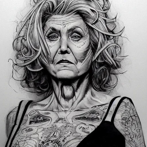 Image similar to a beautiful portrait of a heavily tattooed older woman Travis Charest style