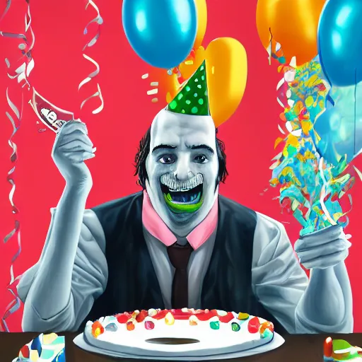 Image similar to man lawyer eating a birthday inside of a courtroom by alex pardee and nekro and petros afshar, unstirred paint, vivid color, cgsociety 4 k