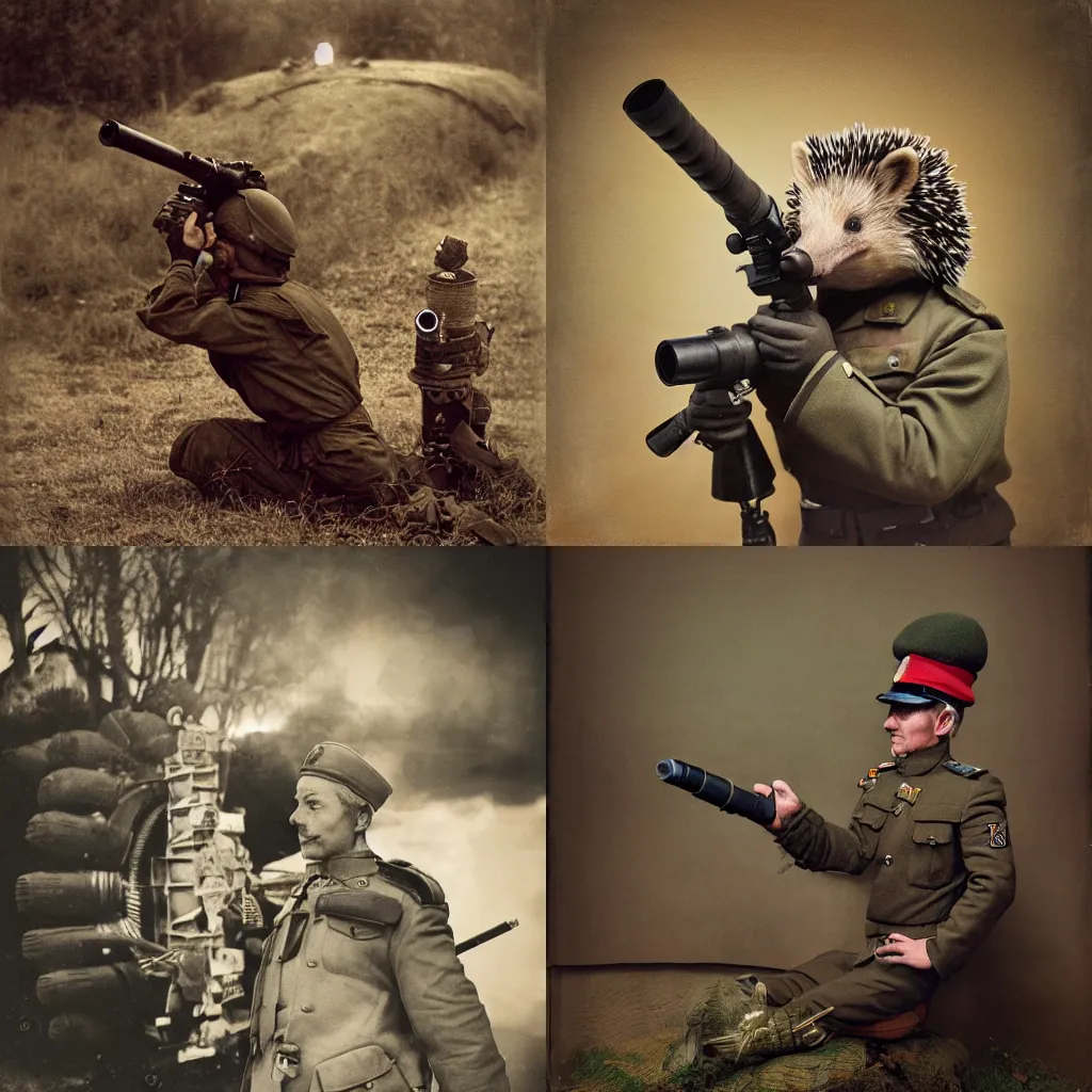 Prompt: oversized muscular anthropomorphic hedgehog as war general in war general uniform with bazooka, secretly on a village, Cinematic focus, Polaroid photo, vintage, neutral colors, soft lights, foggy, by Steve Hanks, by Serov Valentin, by lisa yuskavage, by Andrei Tarkovsky