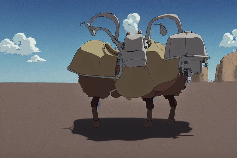 Image similar to a study of a cell shaded cartoon of a grey mechanized ram from howl's moving castle ( 2 0 0 4 ), on a desert road, full body, wide shot, very muted colors, post grunge, studio ghibli, highly detailed, deviantart, art by artgem