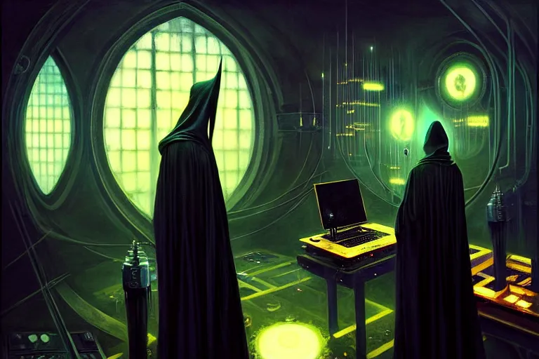 Image similar to a beautiful masterpiece painting of a technomancer wizard in black robes with pointed hood discussing sentience with his synthesized AI djinn in his laboratory filled with computers by Remedios Varo and Anato Finnstark and Greg Rutkowski