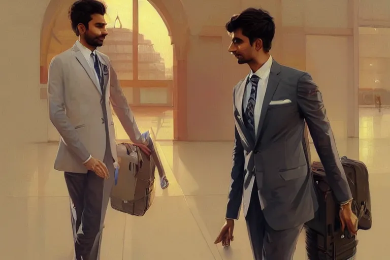 Image similar to Anxious good looking pale young Indian doctors wearing suits at the airport, portrait, elegant, intricate, digital painting, artstation, concept art, smooth, sharp focus, illustration, art by artgerm and greg rutkowski and alphonse mucha