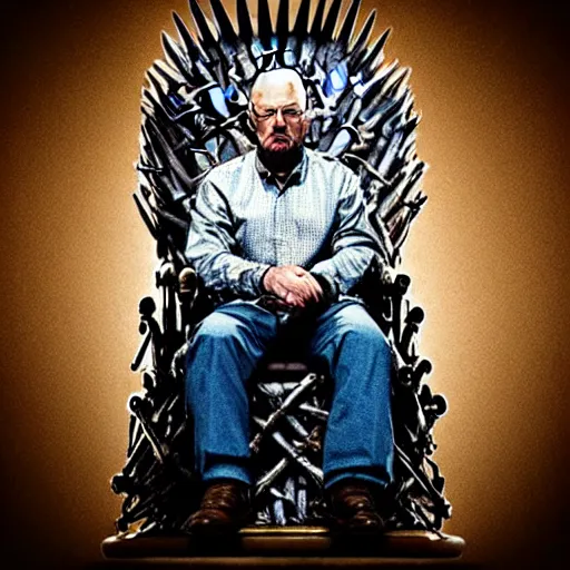 Prompt: “ very very intricate hyperrealistic photo of a walter white on the iron throne, detailed studio lighting, award - winning crisp details ”