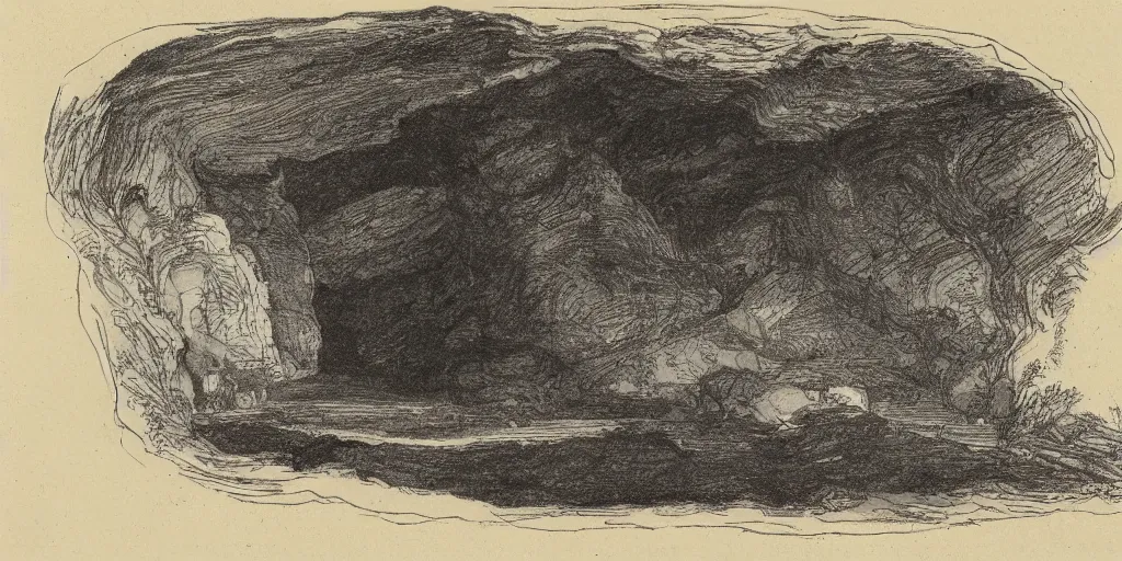 Image similar to an illustration of a cave in a sketchbook, 18th century, landscape