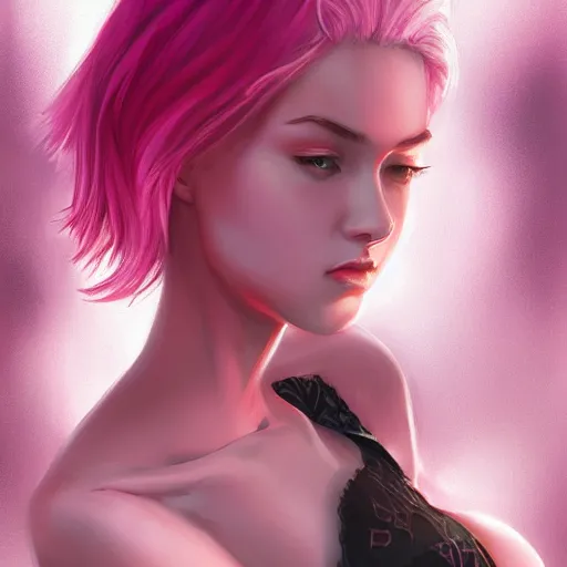 Image similar to hot teen girl, full body, pink hair, gorgeous, amazing, darkness aura brooding from her body, elegant, intricate, highly detailed, digital painting, artstation, concept art, sharp focus, illustration, art by Ross tran