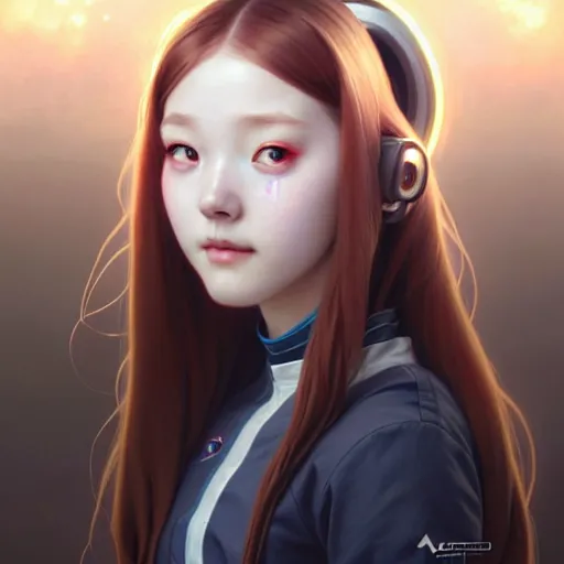 Image similar to portrait painting of a cute cyborg chuu loona kpop smiling cheerfully, ultra realistic, concept art, intricate details, eerie, highly detailed, photorealistic, octane render, 8 k, unreal engine. art by artgerm and greg rutkowski and magali villeneuve and alphonse mucha