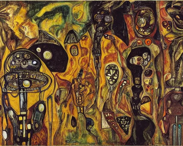 Image similar to a painting of a aliens and robots by graham sutherland, egon schiele, gustav klimt, expressionism