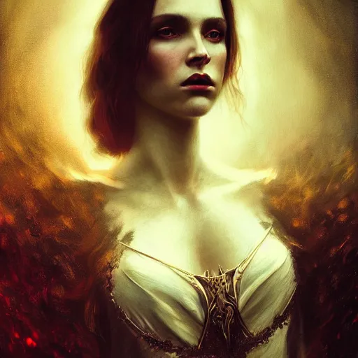 Image similar to majestic gracious regal aristocratic brunette female vampire portrait, atmospheric lighting, painted, menacing, intricate, volumetric lighting, beautiful, rich deep colours masterpiece, golden hour, sharp focus, ultra detailed, by leesha hannigan, ross tran, thierry doizon, kai carpenter, ignacio fernandez rios