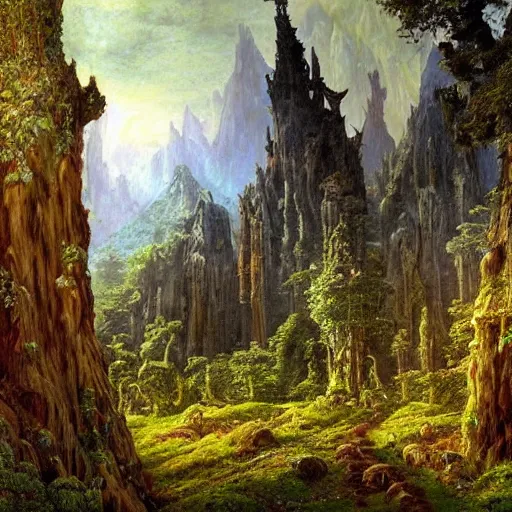 Image similar to a beautiful and highly detailed epic oil painting of an elven palace in the mountains, lush valley, beautiful trees, tangled rune vines, ancient stone runes, intricate details, epic scale, insanely complex, 8 k, sharp focus, hyperrealism, fantasy landscape, psychedelic, by caspar friedrich, brian froud, albert bierstadt,