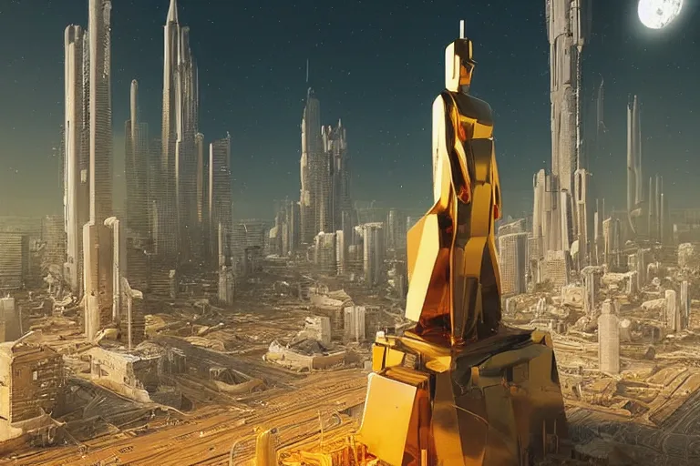 Prompt: a gigantic golden statue in a middle of the dead city, sci fi, art by mike winkelmann, trending on cgsociety, retrofuturism, darksynth, sci - fi