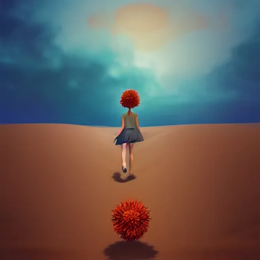 Image similar to closeup gigantic dahlia flower under head, a girl walking between dunes, surreal photography, sunrise, blue sky, dramatic light, impressionist painting, digital painting, artstation, simon stalenhag