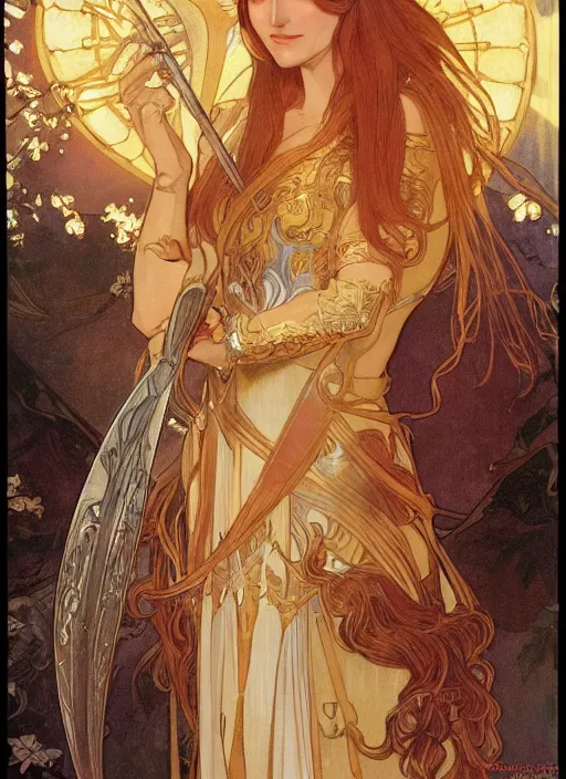 Image similar to galadriel in the slumps brown skin golden hair brown leather armor high fantasy dnd smooth sharp focus illustration by rossdraws, alphonse mucha frank fanzzeta