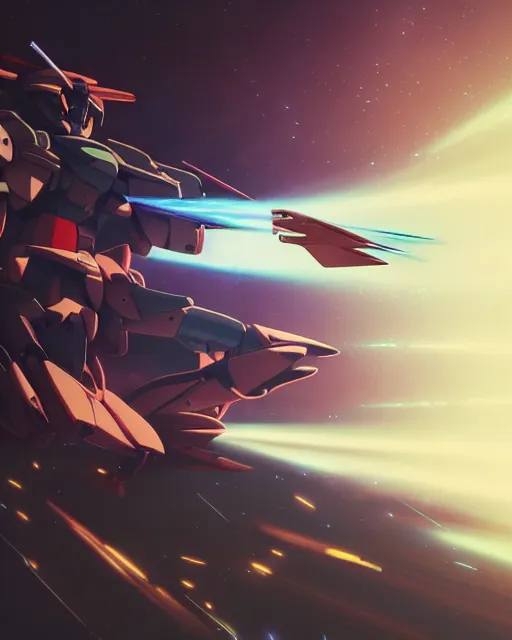 Image similar to highly detailed vfx portrait of a gundam with wings of feathers beam saber fighting in space with a beam gun, unreal engine, greg rutkowski, loish, rhads, beeple, makoto shinkai and lois van baarle, ilya kuvshinov, rossdraws, tom bagshaw, alphonse mucha, global illumination, detailed and intricate environment