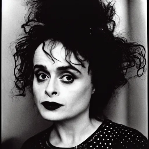 Image similar to photo of Helena Bonham Carter by Diane Arbus, black and white, high contrast, Rolleiflex, 55mm f/4 lens