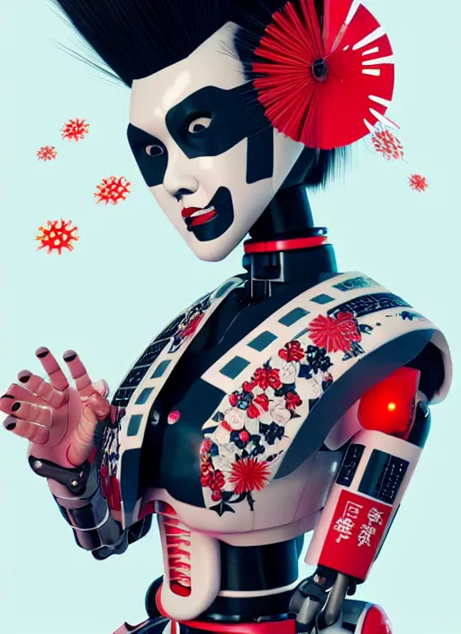 Image similar to full body portrait of a japanese punk geisha robot with kanji tattoos and decals wearing a digital pixelated kimono, intricate design, photo - realistic, octane render, dark colour palette, ultra fine detailed, character design, trending on artstation