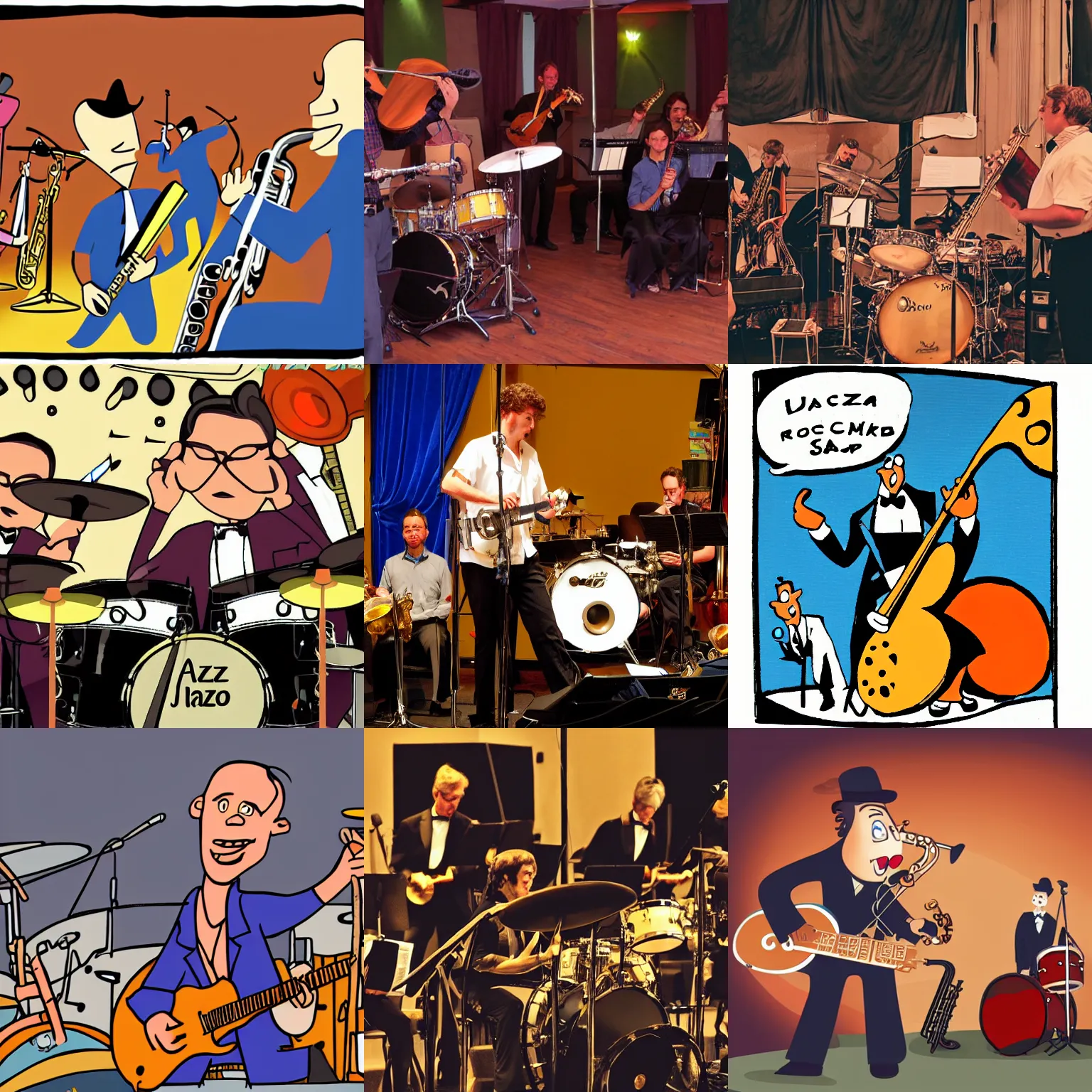 Prompt: a cartoon rock playing in a jazz band