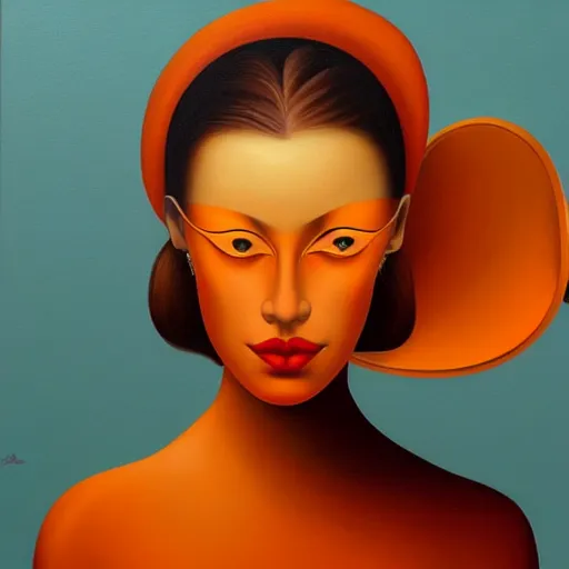 Image similar to a painting of a beautiful woman!!! wearing orange, an ultrafine detailed painting by rafal olbinski, behance contest winner, pop surrealism, detailed painting, very detailed, minimalist, airbrush art