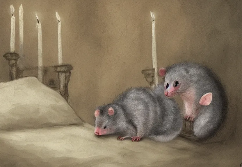 Image similar to cute possum in its pajamas sleeping in a bed in a medieval bedroom at night under the dim light of a candle, dark fantasy, dreaming illusion, trending on artstation