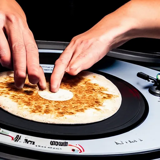 Prompt: a disc jockey is scratching with one hand on a turntable that has an Israeli pita bread on it, the turntable’s needle is also on the pita, wide shot