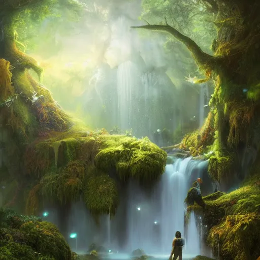 Image similar to tom bagshaw, soft painting render curiosities pond vegetation rocks gigantic mushrooms covered moss scintillating flying luminescent starlights wisps, beautiful waterfall, accurate features, focus, very intricate ultrafine details, random volumetric lighting, fog, award winning masterpiece, octane render 8 k hd, artstation