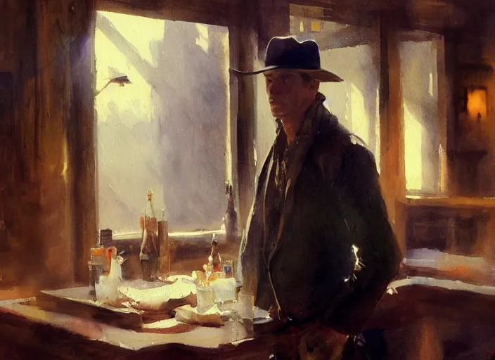 Prompt: oil watercolor painting of young rugged guy in western bar, shaven stubble, short hair, mysterious light, art by anders zorn, wonderful masterpiece by greg rutkowski, beautiful cinematic light, american romanticism by greg manchess, creation by tyler edlin