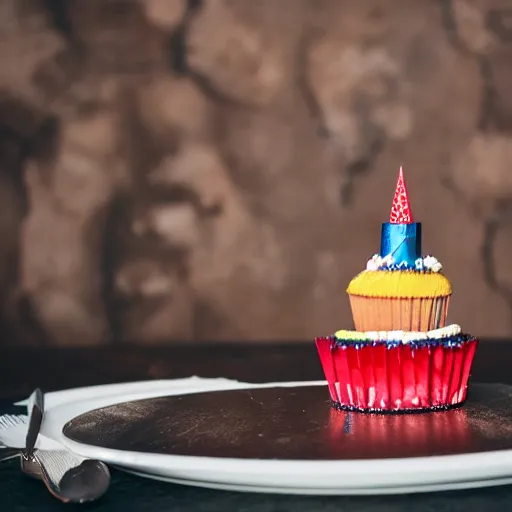 Prompt: the devil at his birthday party, cake, 8 k photography